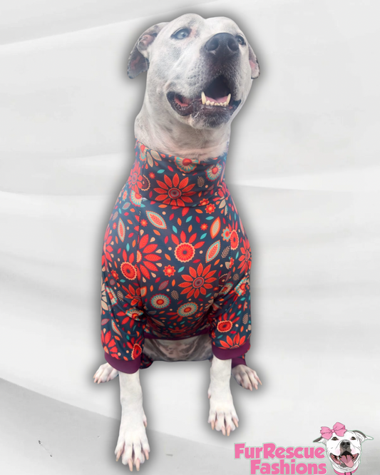 Boho Autumn Blooms - Dog Pajama with Burgundy Neck & Trim/Sleeves (Copy)