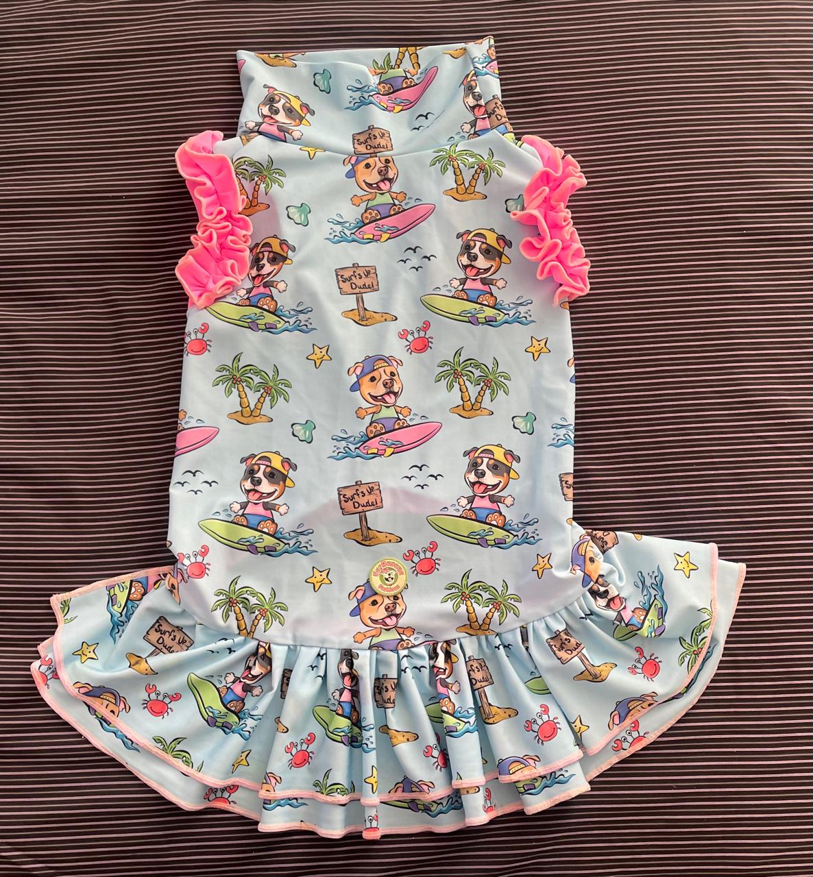Surf’s Up Pups - Dog Pajama with Pink OR Green Neck & Trim/Sleeves