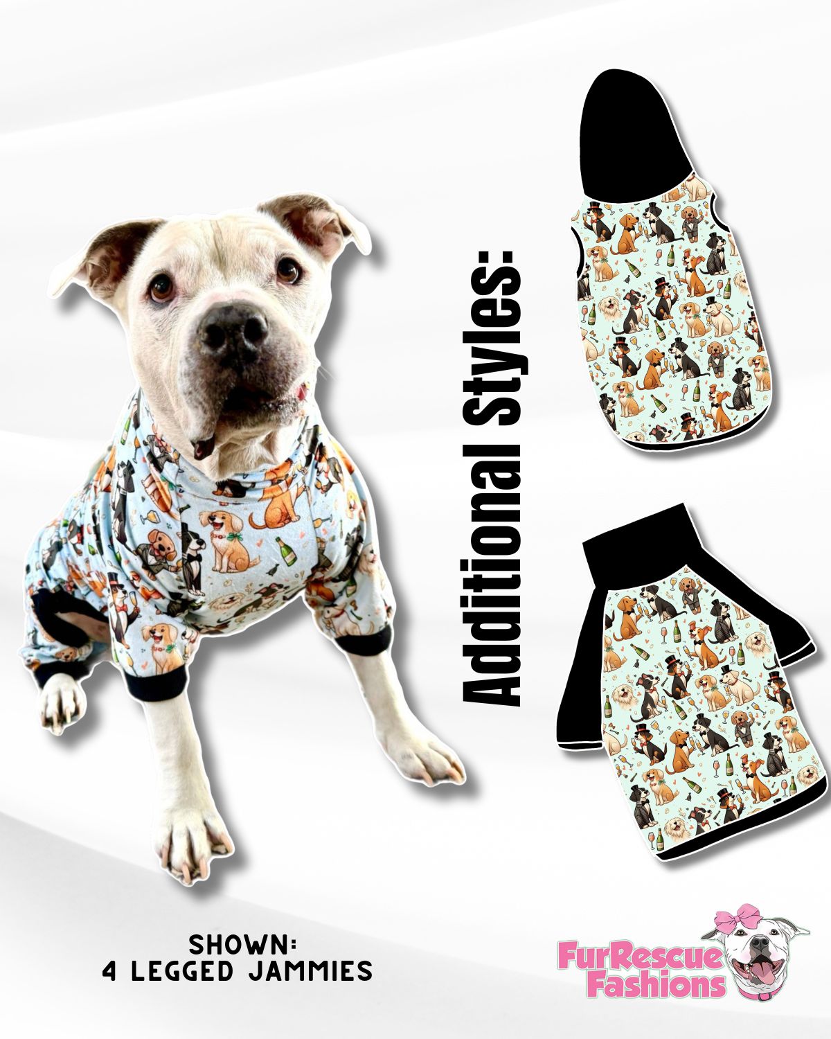 Furry Finery on NYE - Dog Pajama with Black Neck & Trim/Sleeves