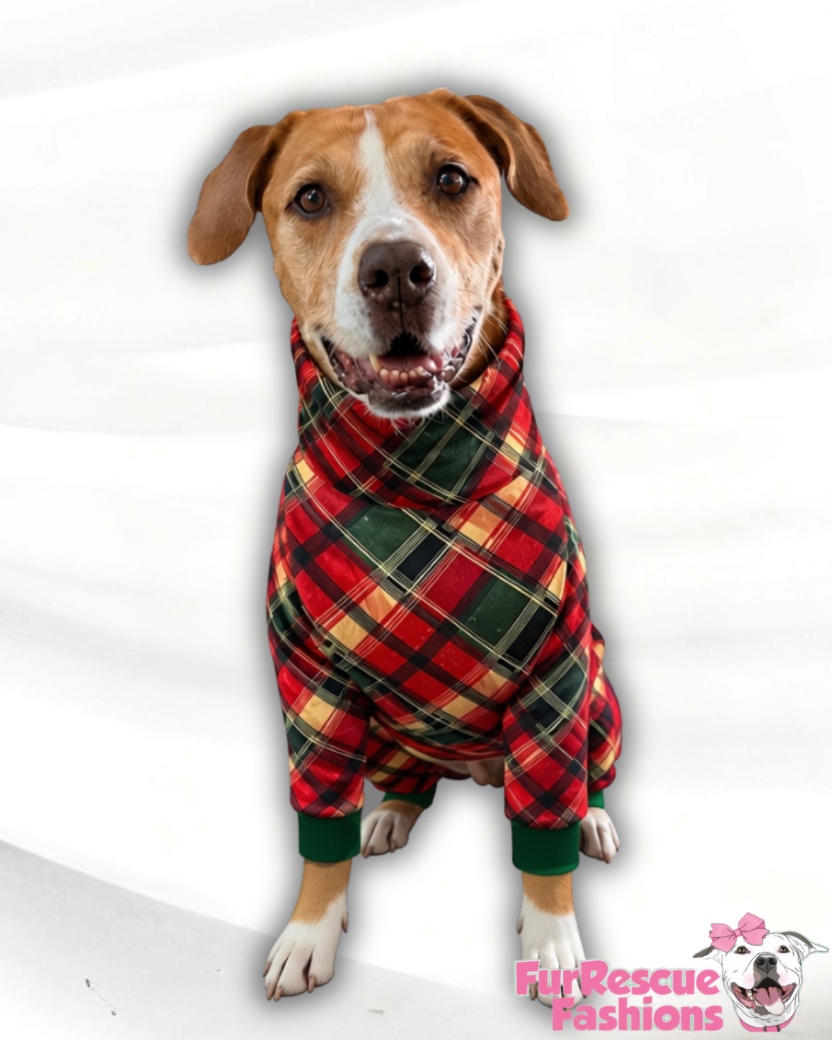 Classic Christmas Plaid Ultra-Luxe - Dog Pajama with Green Neck & Trim/Sleeves