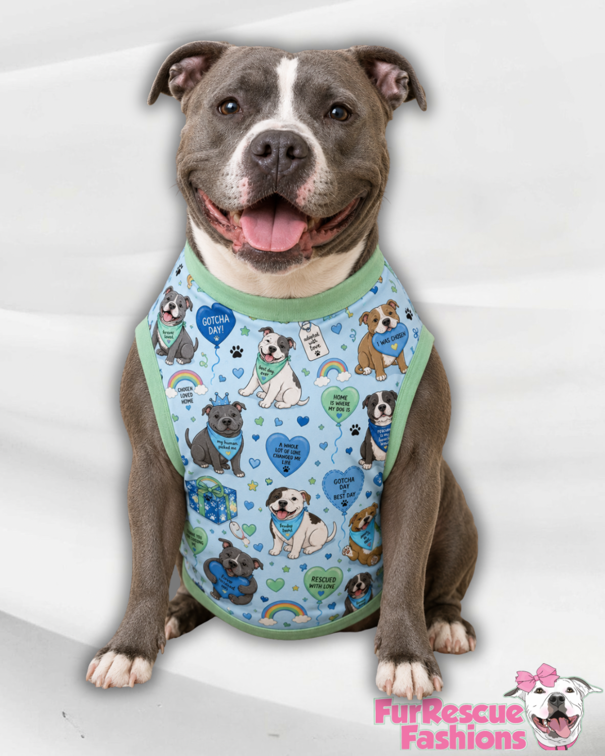 Bully Gotcha Day Blue - Dog Pajama with Light Green Neck & Trim/Sleeves