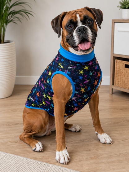 Planets & Stars - Dog Pajama with Blue OR Fuchsia Neck & Trim/Sleeves