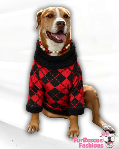 Santa’s Little Prep – Red & Black Argyle Ultra-Luxe - Dog Pajama with Black Neck & Trim/Sleeves