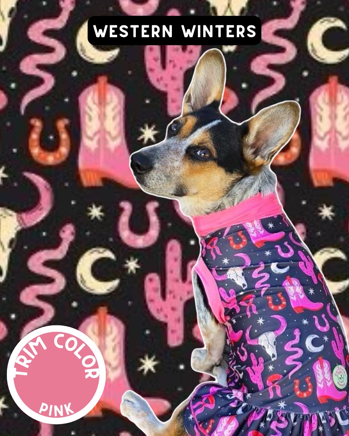Western Winters Dog Pajama with Pink Neck & Trim/Sleeves