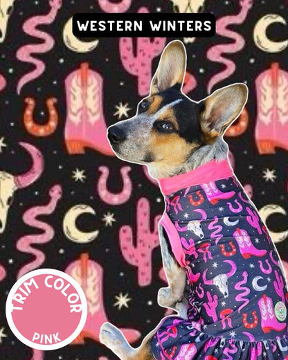 Western Winters Dog Pajama with Pink Neck & Trim/Sleeves