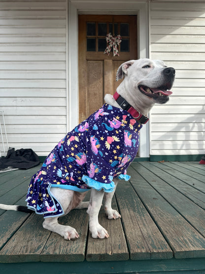 Sparkly Unicorn Dog Pajama with Aqua Neck & Trim/Sleeves