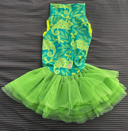 Chillin’ Chameleon - Dog Pajama with Neon Green Neck & Trim/Sleeves