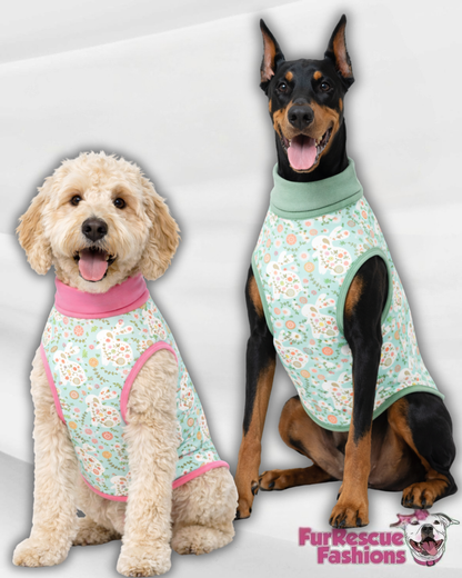 Springtime Bunny Garden Dog Pajama with Pink or Green Neck & Trim/Sleeves