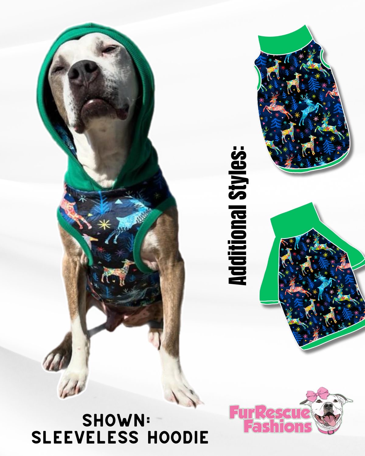 Festive Reindeer Dog Pajama with Green Neck & Trim/Sleeves