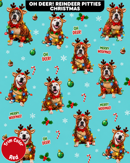 Oh Deer! Reindeer Pitties Christmas - Dog Pajama with Red Neck & Trim/Sleeves