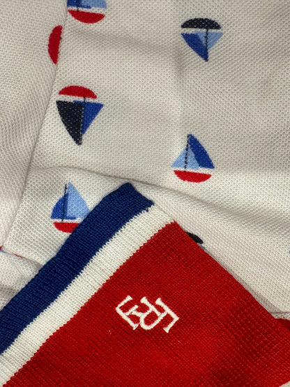 Dog Polo Shirt in White with Sailboats and FRF embroidery