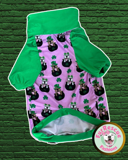 Pittie Pot O’ Gold Pink - PAWjama with Green Neck & Trim/Sleeves