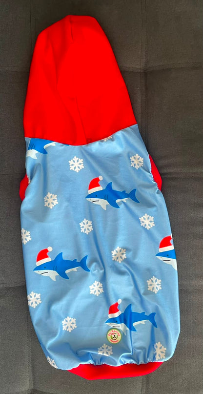 Santa Sharks - Dog Pajama with Red Neck & Trim/Sleeves