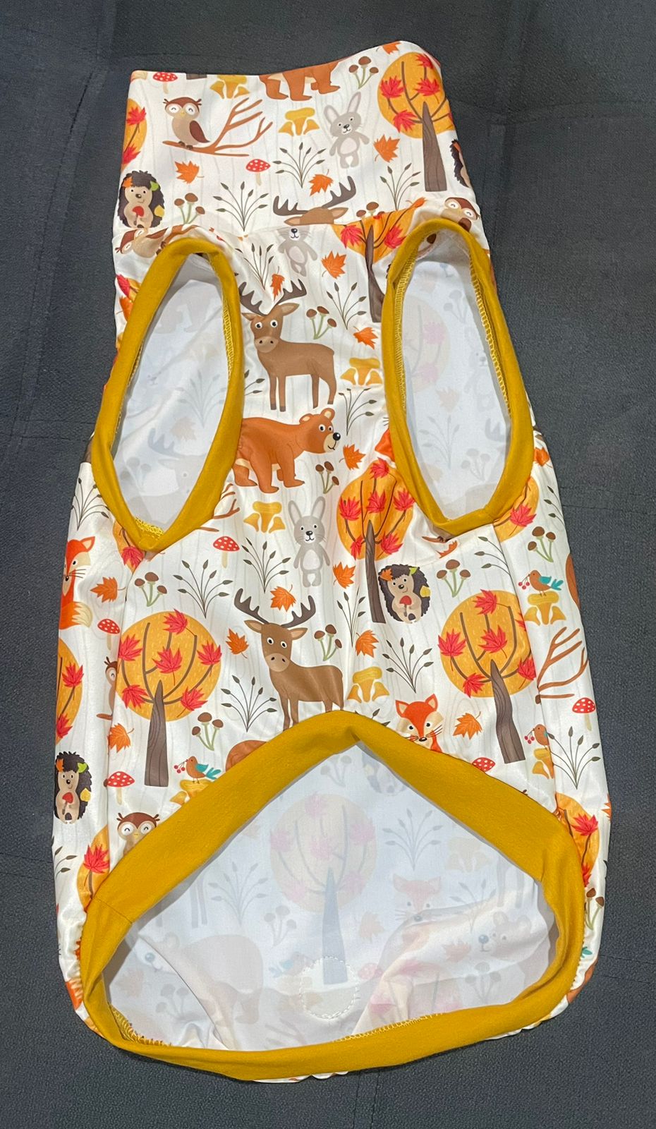 Woodland Fall Friends - Dog Pajama with Mustard Neck & Trim/Sleeves
