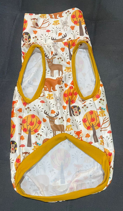 Woodland Fall Friends - Dog Pajama with Mustard Neck & Trim/Sleeves