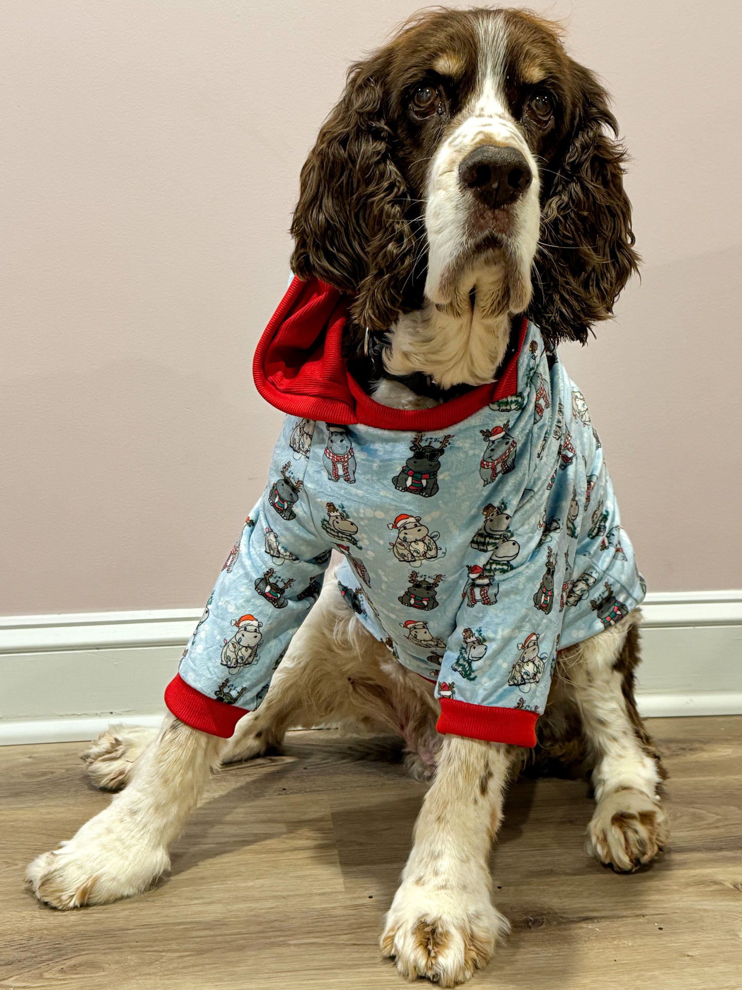 Holiday Hippos Baby Blue - Dog Pajama with Red Neck & Trim/Sleeves