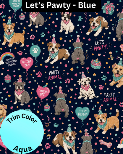 Let’s Pawty on My Barkday Navy Blue - Dog Pajama with Aqua Neck & Trim/Sleeves