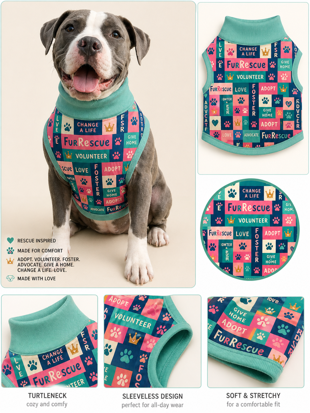 FurRescue Mission - Dog Pajama with Teal Neck & Trim/Sleeves