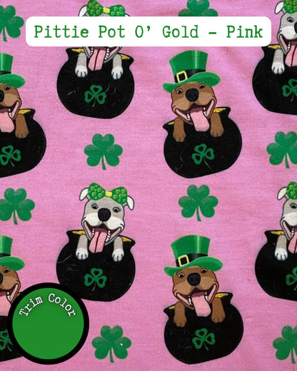 Pittie Pot O’ Gold Pink - PAWjama with Green Neck & Trim/Sleeves