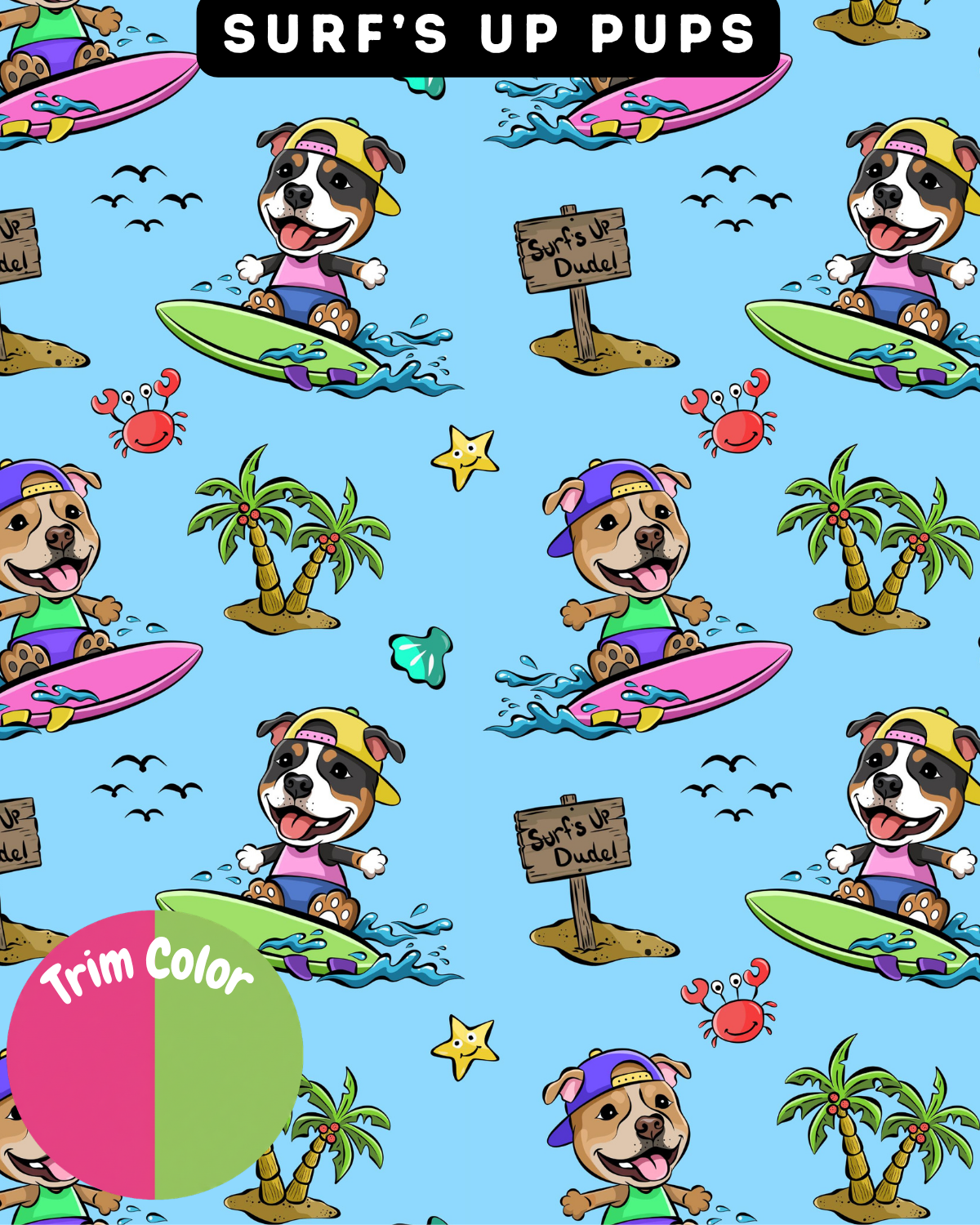 Surf’s Up Pups - Dog Pajama with Pink OR Green Neck & Trim/Sleeves