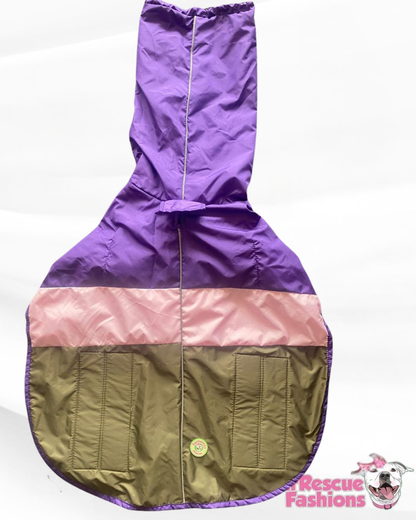 Easy-On Waterproof Dog Cape with Snood – Purple, Pink & Olive Colorblock