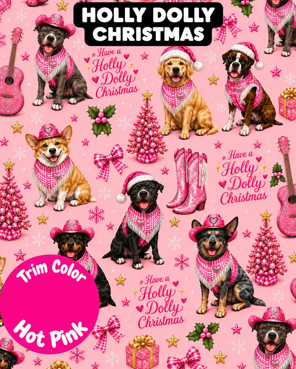 Holly Dolly Christmas - Dog Pajama with Pink Neck & Trim/Sleeves
