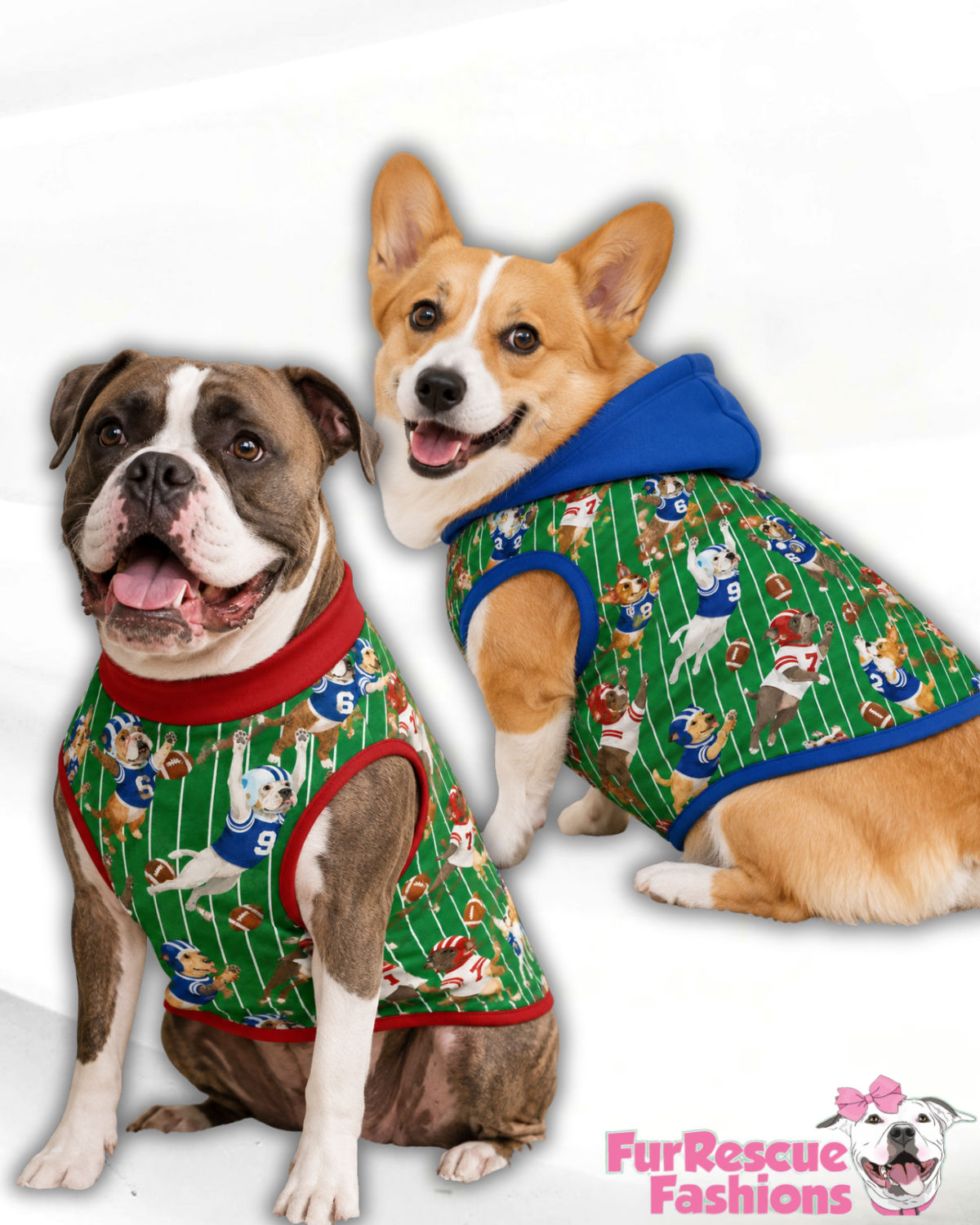 Pup Bowl Football - Dog Pajama with Red or Blue Neck & Trim/Sleeves