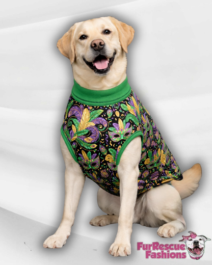 Mardi Gras Masquerade Dog Pajama with Green Neck & Trim/Sleeves