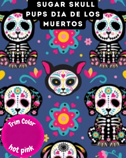 Sugar Skull Pups Día de Los Muertos - Dog Pajama with Hot Pink Neck & Trim/Sleeves