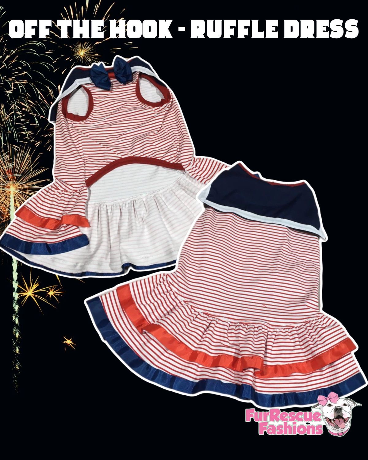 Off The Hook Striped Sailor Dog Dress with Ruffles & Bowtie