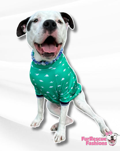 Preppy Dinos (Green) - PAWjama with Blue & White Woven Trim/Collar