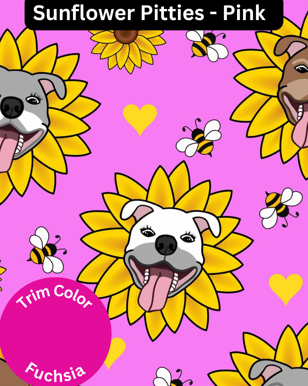 Sunflower Pitties Pink - Dog Pajama with Fuchsia Neck & Trim/Sleeves
