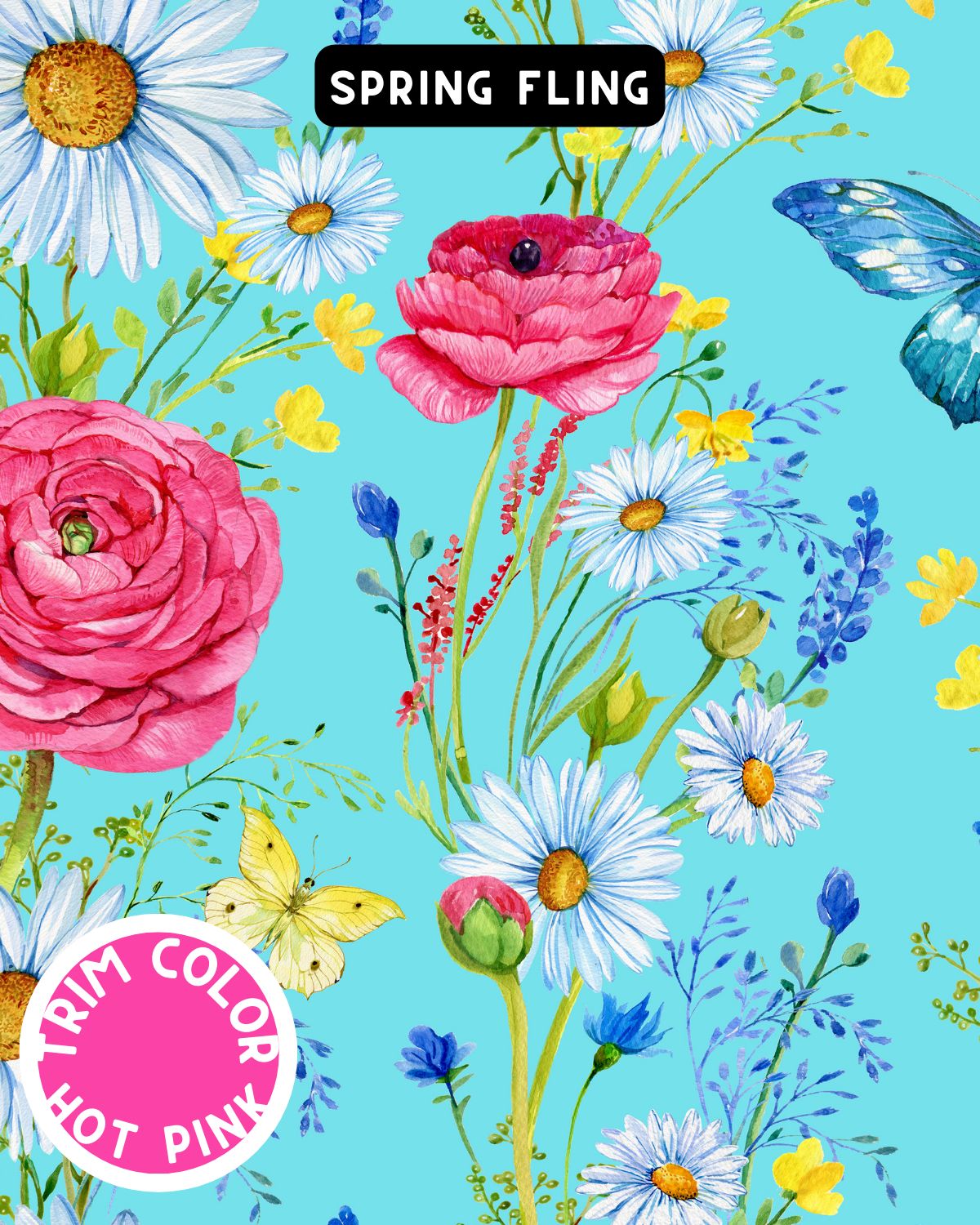 Spring Fling, Flowers & Butterflies Pajama with Hot Pink Neck & Trim/Sleeves