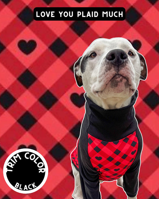 Love You Plaid Much Dog Pajama with Black Neck & Trim/Sleeves