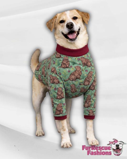 Snuggly Groundhogs Dog Pajama with Burgundy Neck & Trim/Sleeves