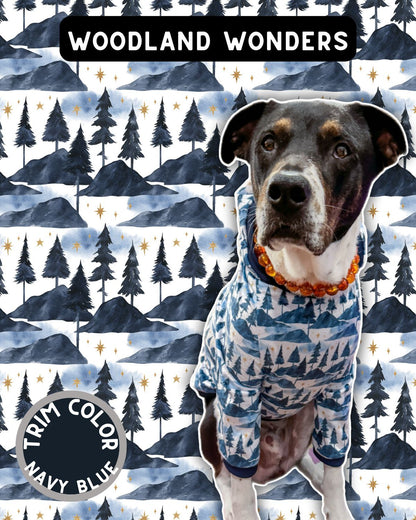 Woodland Wonders - Dog Pajama with Navy Blue Neck & Trim/Sleeves