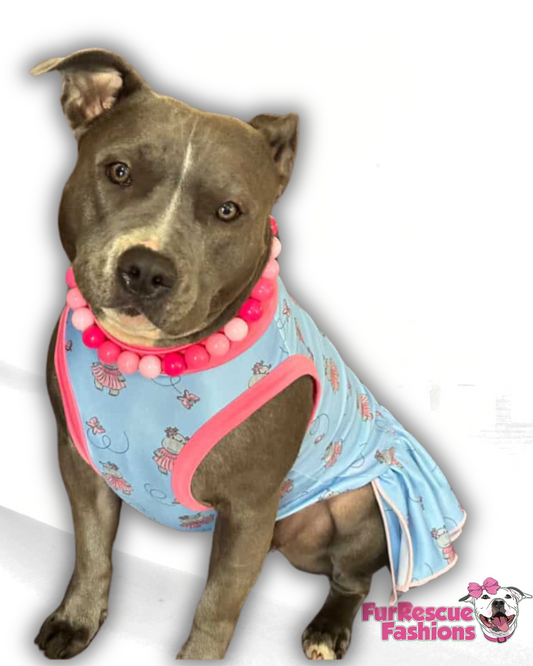 Hippo Ballerina & Butterflies-  Dog Pawjama With Pink Neck & Trim/Sleeves