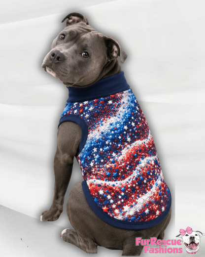 Stars, Stripes & Sparkles - Dog Pajama with Blue Neck & Trim/Sleeves