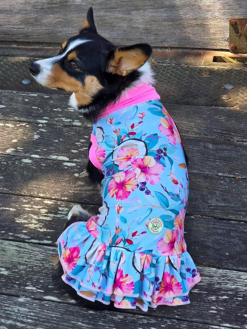 Coconut Kisses with Hibiscus Bliss - Dog Pajama with Pink Neck & Trim/Sleeves