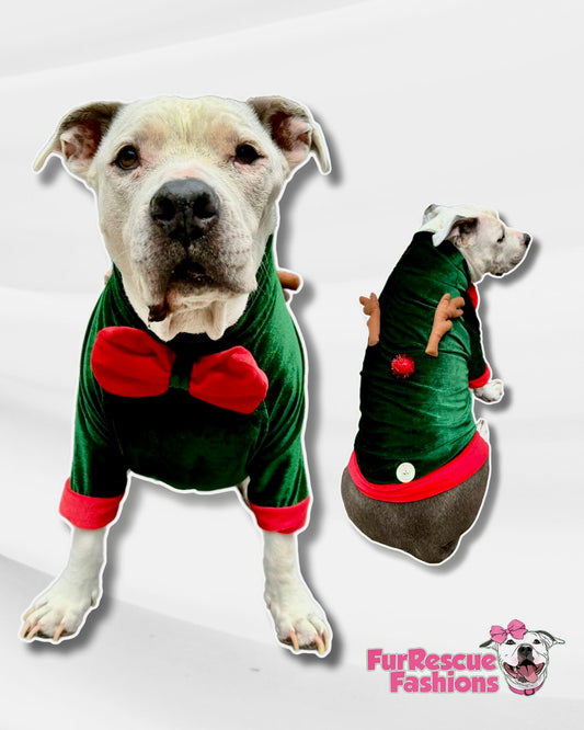 Green Velvety Reindeer Dog Shirt with Bow tie