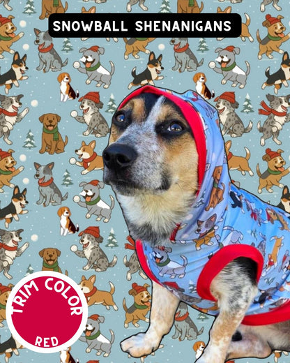 Snowball Shenanigans Dog Pajama with Red Neck & Trim/Sleeves