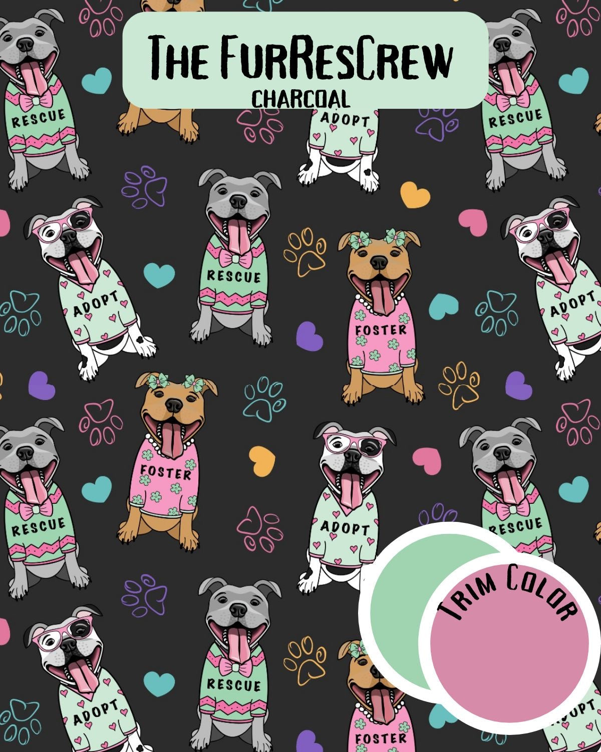 FurResCrew Charcoal- Dog Pajama with Mint or Pink Neck & Trim/Sleeves