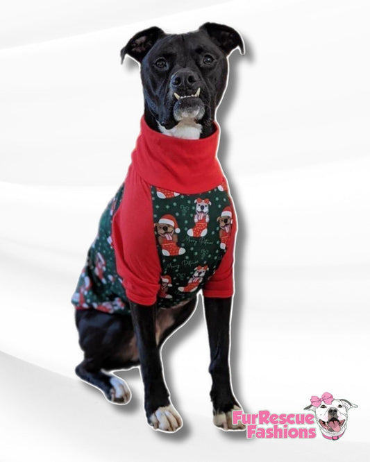 Merry Pitmas Dog Pajama with Red Neck & Trim/Sleeves