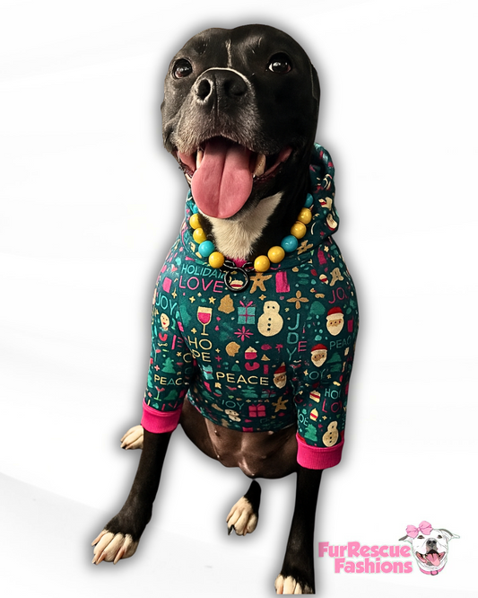 Peace, Love & Joy Dog Pajama with Fuchsia Neck & Trim/Sleeves