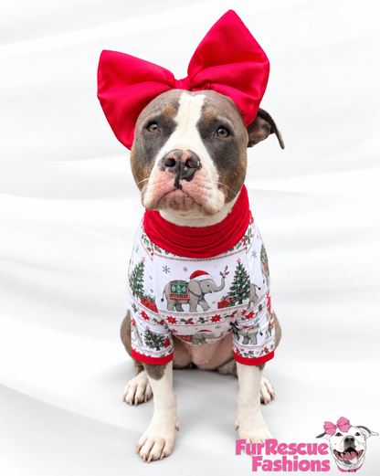Festive Christmas Elephants - Dog Pajama with Red Neck & Trim/Sleeves