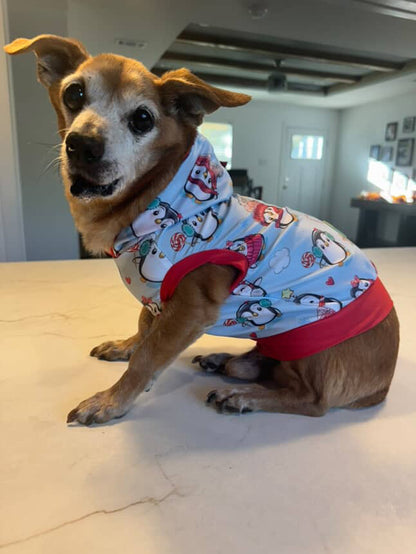 Cold Weather Penguins Dog Pajama with Red Neck & Trim/Sleeves
