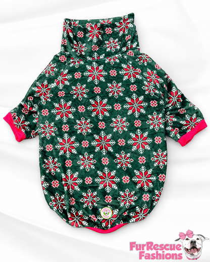 Cozy Christmas Snowflake Fair Isle  - Dog Pajama with Red Neck & Trim/Sleeves