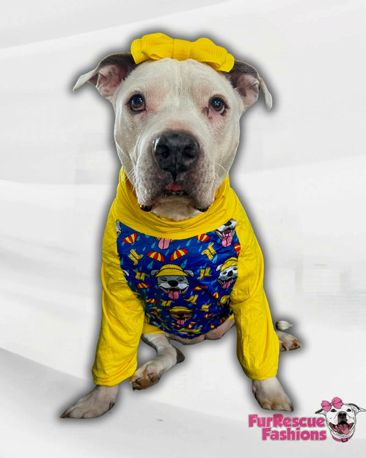 Pitties in the Rain - PAWJama with Yellow Trim/Sleeves