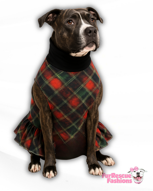 O Come, All Ye Plaidful Dog Pajama with Green Neck & Trim/Sleeves