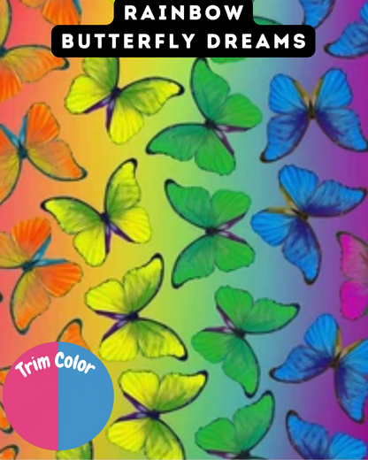 Rainbow Butterfly Dreams - Dog Pajama with Blue OR Fuchsia Neck & Trim/Sleeves